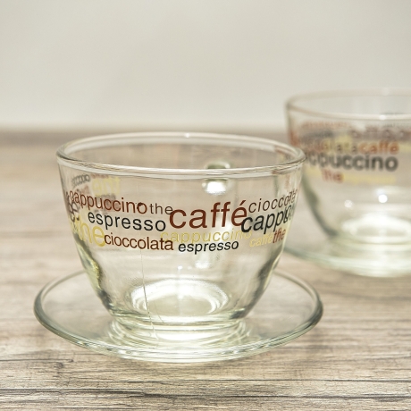 2-teiliges Glas Cappuccino-/ Kaffeetassen-Set - inkl. Glasuntersetzer - mit Bedruckung - 9C3