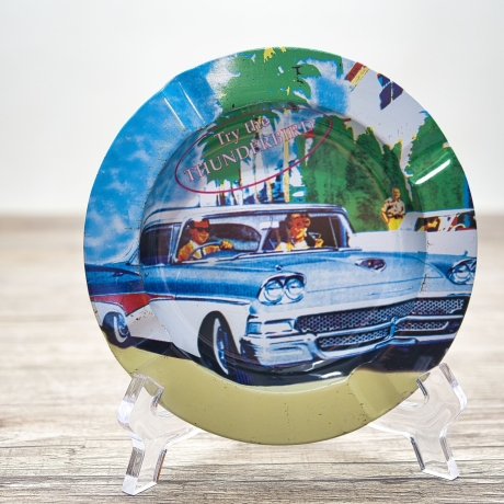 3er Set Blech Aschenbecher, vermutlich 1970er Jahre, 50er Jahre US Werbung (Ford, Genral Motors, Greyhound Bus)  - 9C3