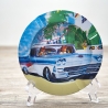 3er Set Blech Aschenbecher, vermutlich 1970er Jahre, 50er Jahre US Werbung (Ford, Genral Motors, Greyhound Bus)  - 9C3