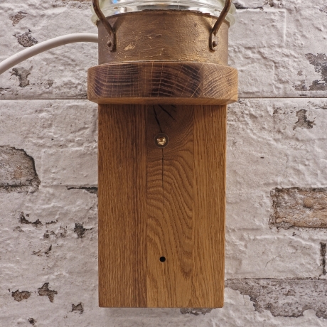 Außenwandleuchte, Schiffslampe, maritim, massiver Eichensockel, E14 Fassung, LED Filament Leuchtmittel, Unikat, Upcycling made in Germany