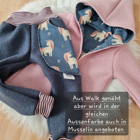 Visuell Design - Walkjacke mit Einhorn / Pferd Innenfutter in Rose, Blau oder Ecru und eine tolle passende Hose aus Walk