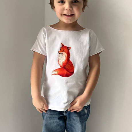 Visuell Design - Tshirt handmade mit Bügelbild Fuchs - Kinder weiß schwarz