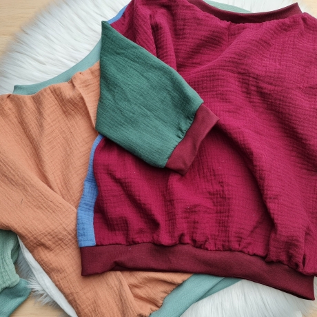 Visuell Design - Patchwork - Musselin Musselinshirt Langarmshirt Uni Farben Baumwolle Ökotex Kinder Oversize - luftig