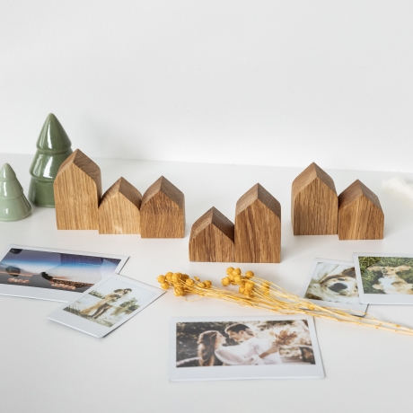 Giebelhäuser aus Eichenholz, 4 Stk., Deko, Geschenk, Geburtstag