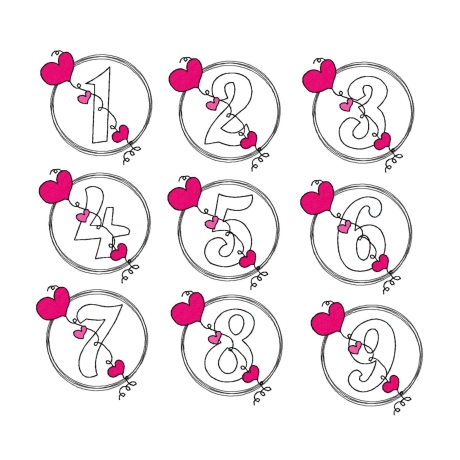 Stickdatei Geburtstags-Zahlen 1 bis 9 - Doodle Button Herz