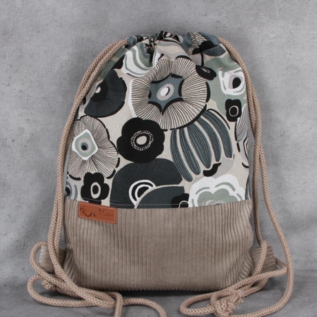 Turnbeutel beiger Cord mit Blumenmuster