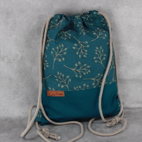 Turnbeutel, zarte Zweige, Aqua, Petrol