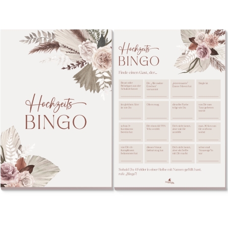 Hochzeitsbingo als Hochzeitsspiel für Brautpaar & Gäste im schönen floralen Design I 50 Blätter I CreativeRobin