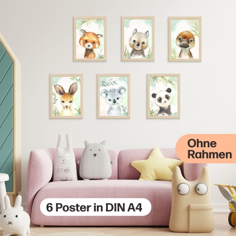 6er Poster-Set Australischer Baby Tiere und Pandabären | A4 Format | ohne Rahmen | CreativeRobin
