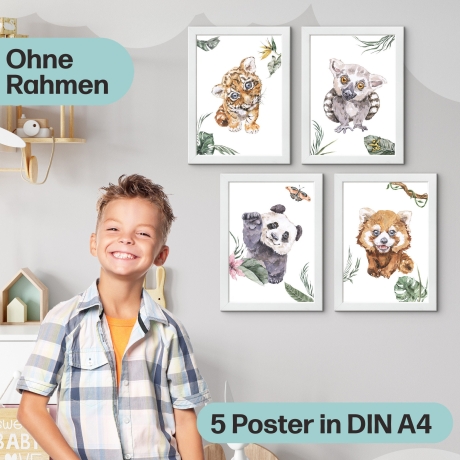 5er Dschungel-Tiere Poster-Set fürs Kinderzimmer I Süße