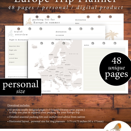 EUROPE Travel Planner | Europe Trip planner | Filofax planner with Europe Map Travel Diary Travel Journal Travelers Notebook | Printable