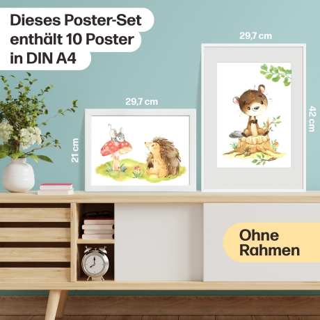 10er Poster-Set Waldtiere Kinderzimmer I Bär, Reh, Bieber, Fuchs uvm. mit Flora I Babyzimmer Deko I ohne Rahmen I CreativeRobin