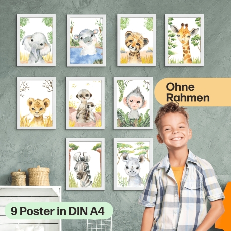 9er Poster Set mit Tieren Afrikas fürs Kinderzimmer I Löwe, Giraffe, Affe, Zebra uvm. als süße Babyzimmer Deko I ohne Rahmen I CreativeRobin