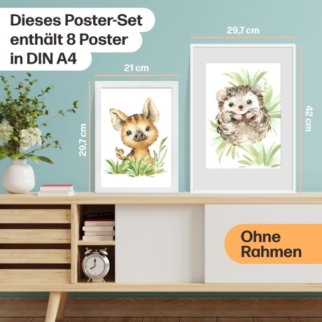 8er Poster-Set Waldtiere Kinderzimmer I Babyzimmer Deko I Eichhörnchen, Igel, Eule, Luchs etc. mit Flora I OHNE Rahmen I CreativeRobin