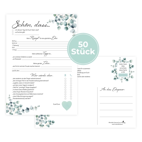 Hochzeitsspiel & Gästebuch-Karten für 50 Gäste im schönen Eukalyptus Design