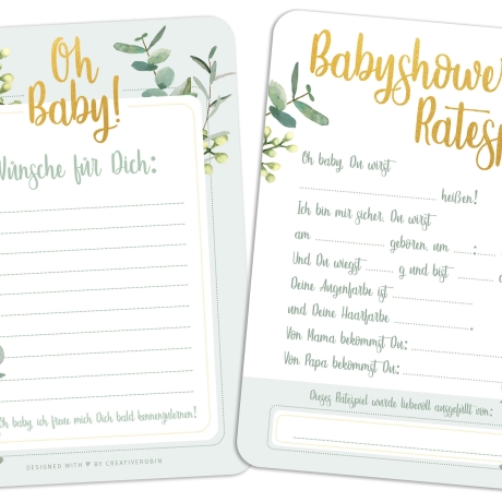 Schönes Babyparty Spiel mit Baby Quiz + Wünschen • 25 Karten für Junge & Mädchen • Ideales Babyshower Geschenk • Eukalyptus • CreativeRobin