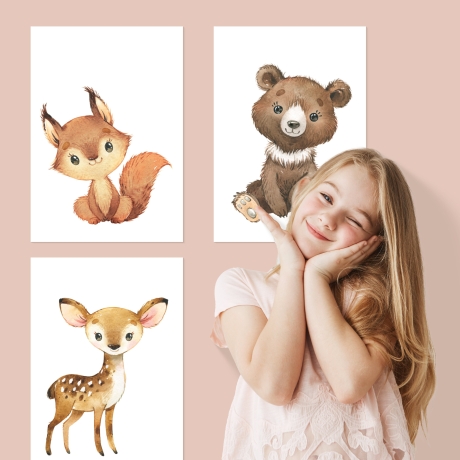 8 Waldtier Poster als Kinderzimmer & Babyzimmer Deko • Reh, Fuchs, Bär, Eule, Dachs, Hase + co. • OHNE Rahmen • CreativeRobin
