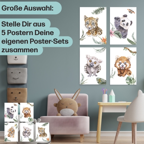 5er Dschungel-Tiere Poster-Set fürs Kinderzimmer Süße I