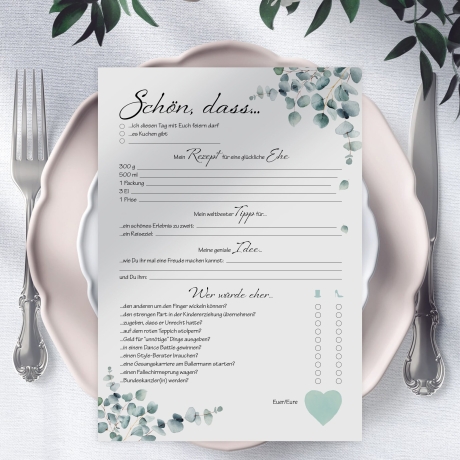 Hochzeitsspiel & Gästebuch-Karten für 50 Gäste im schönen Eukalyptus Design