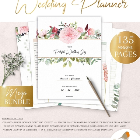 Printable Wedding Planner for Brides & Maids of Honor with 135 Printable Pages