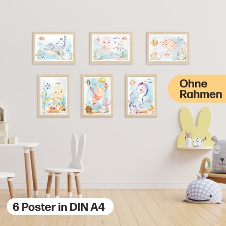 Meerestiere Poster-Set fürs Babyzimmer I Schildkröte, Wal, Seepferdchen & co. als schöne Kinderzimmer Deko I ohne Rahmen I CreativeRobin