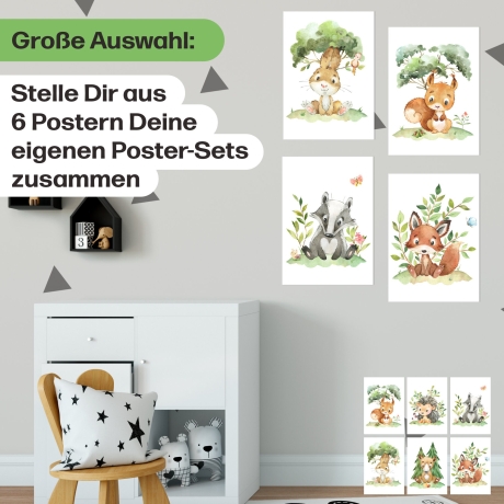 Süßes 6er Waldtier Poster-Set fürs Kinderzimmer I Schöne Babyzimmer Deko mit Bär, Fuchs, Igel und co. I ohne Rahmen I CreativeRobin