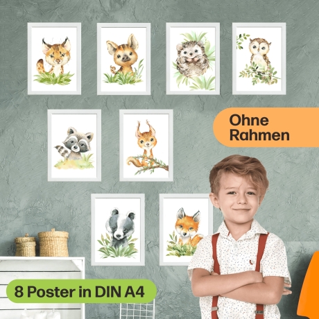 8er Poster-Set Waldtiere Kinderzimmer I Babyzimmer Deko I Eichhörnchen, Igel, Eule, Luchs etc. mit Flora I OHNE Rahmen I CreativeRobin