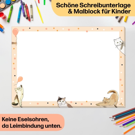 Katzen Malblock und Malunterlage für Kinder & Erwachsene | Schreibtischunterlage aus Papier DIN A3 mit 25 Blättern | CreativeRobin
