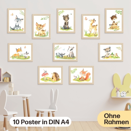 10er Poster-Set Waldtiere Kinderzimmer I Bär, Reh, Bieber, Fuchs uvm. mit Flora I Babyzimmer Deko I ohne Rahmen I CreativeRobin