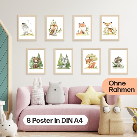 8 Waldtier Poster DIN A4 als Kinderzimmer & Babyzimmer Deko • Reh, Fuchs, Bär etc. mit Flora • OHNE Rahmen • CreativeRobin