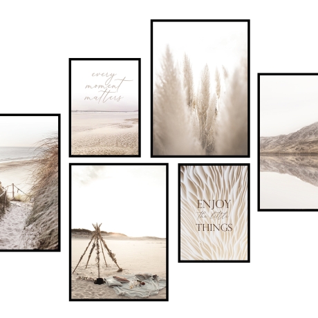 CreativeRobin Poster Set als Wohnzimmer Deko | 4x A3 + 2x A4 Wandbilder Collage | ohne Rahmen » Pampasgras Strand «