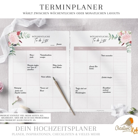 HOCHZEITSPLANER zum Ausdrucken •  Hochzeitsplanung DIY • Trauzeugin Planer Checkliste • DIN A4 • 130 Planer-Seiten zum Ausdrucken