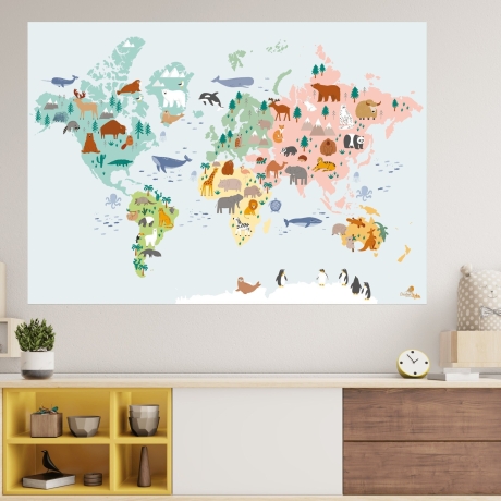 Weltkarte mit süßen Tiermotiven für Kinderzimmer, Kindergarten & Grundschule | A1 Größe | CreativeRobin