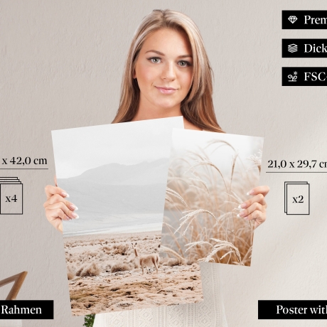 CreativeRobin Poster Set als Wohnzimmer Deko | 4x A3 + 2x A4 Wandbilder Collage | ohne Rahmen » Pampasgras, Berge & Strand «