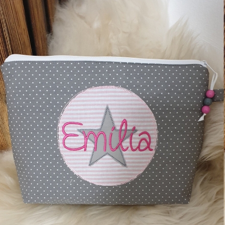 Windeltasche Kulturtasche Stern im Kreis grau rosa mit Namen W162