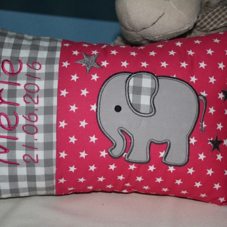 Kissen Elefant Karo grau Sterne pink & Wunschnamen W1183