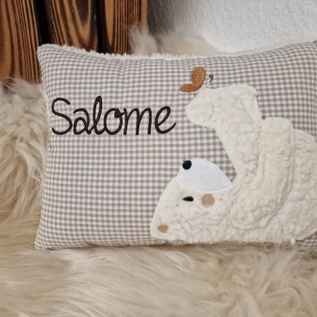 Kissen Bär Teddy Eisbär Schmetterling beige Karo III & Namen W745