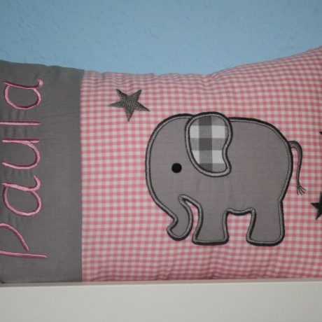 Kissen Elefant uni grau Karo rosa & Wunschnamen W750