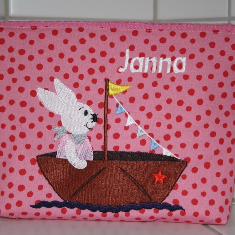 Windeltasche Kulturtasche Hase im Boot rosa mit Namen W174
