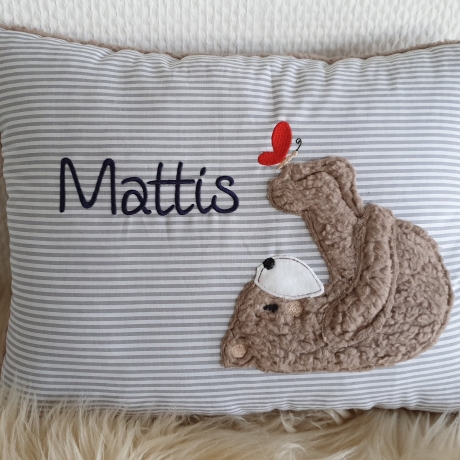 Kissen Bär Teddy Schmetterling Streifen grau & Wunschnamen W785