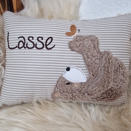 Kissen Bär Teddy Schmetterling beige Streifen & Wunschnamen W716