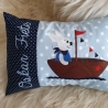 Kissen Hase im Boot Punkte dunkelblau Dots hellblau & Namen W1184