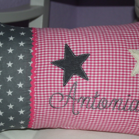 Kissen 2 Sterne graue Sterne pink Karo & Wunschnamen W1175