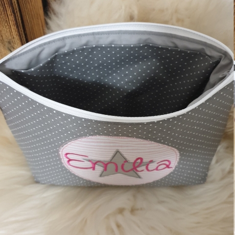 Windeltasche Kulturtasche Stern im Kreis grau rosa mit Namen W162