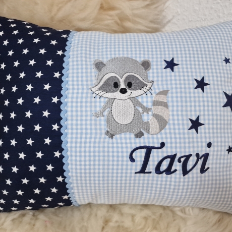 Kissen Geburtskissen Waschbär Sterne dklblau Karo hellblau W1162