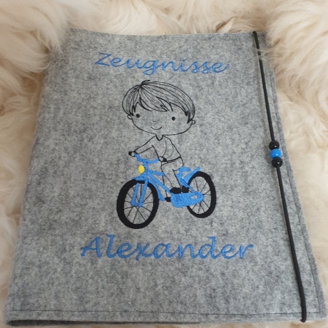 Zeugnismappe Junge Fahrrad Rad Wollfilz grau blau mit Namen W119