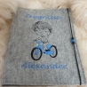 Zeugnismappe Junge Fahrrad Rad Wollfilz grau blau mit Namen W119