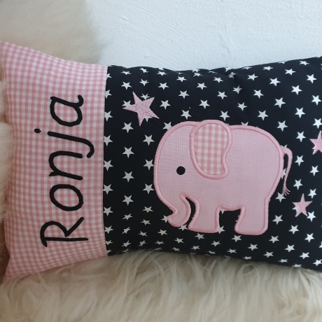 Kissen Elefant Karo rosa Sterne schwarz & Wunschnamen W981