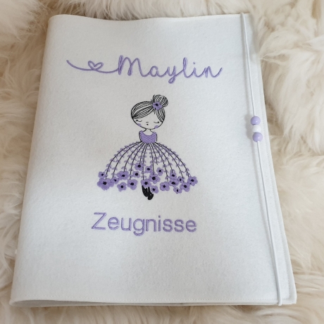 Zeugnismappe Ballerina Mädchen Blumen flieder Wollfilz creme W111