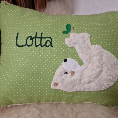 Kissen Bär Teddy Eisbär Schmetterling grüne Punkte & Namen W955